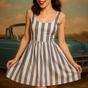 Blue & White Striped Cotton Dress – Size Small